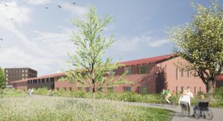 Een gerenderde afbeelding van enkele gebouwen in een groene omgeving