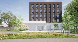 Een gerenderde afbeelding van een onthaalgebouw in een groene omgeving